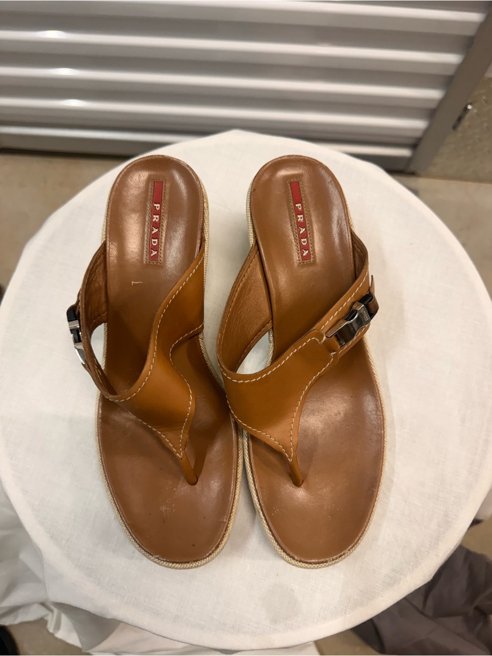 Prada Tan Leather Thong Wedge Sandals